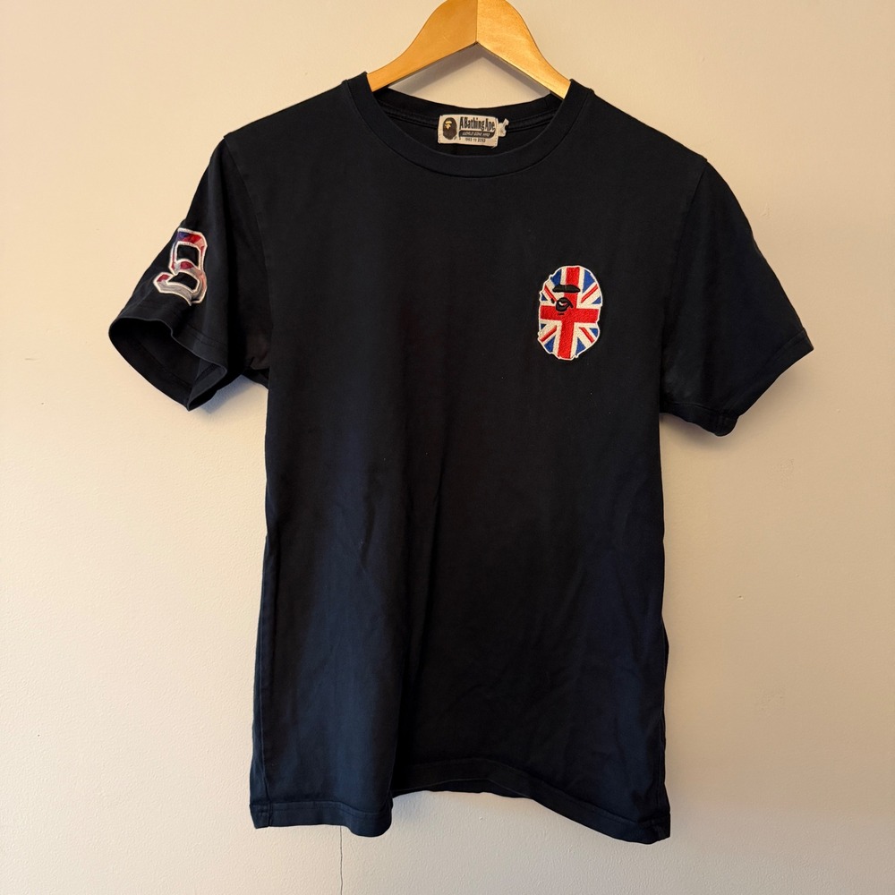 BAPE A Bathing Ape Black Union Jack British Flag Logo T-Shirt Mens Size M - Picture 1 of 7
